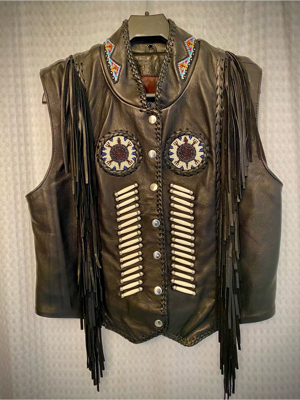 Black Leather Fringed and Beaded Native/Moto Vest